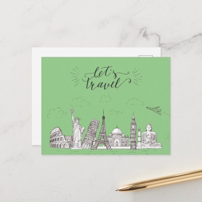 Vintage-Inspired Let's Travel  Postcard (Front/Back In Situ)