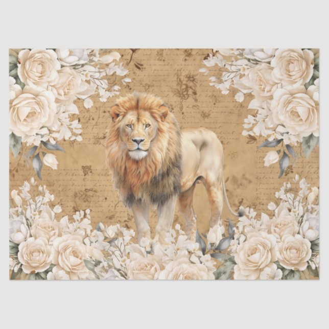 Vintage Inspired Lion & White Roses Decoupage  Tissue Paper (Front)