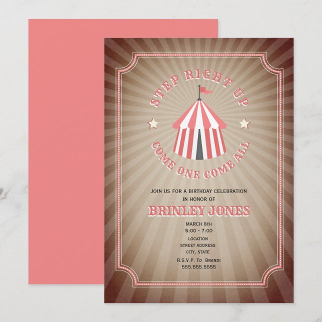 Vintage Inspired Pink Circus Tent Birthday Invitation (Front/Back)
