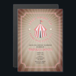 Vintage Inspired Pink Circus Tent Birthday Magnetic Invitation<br><div class="desc">Circus theme birthday featuring an illustration of a pink and white striped circus tent topped with flag over brown sunburst design with pink and white text and ticket shaped outline.</div>