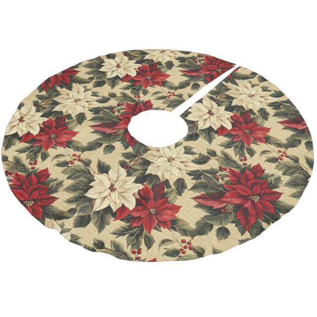 Vintage Inspired Poinsettia Pattern Brushed Polyester Tree Skirt (Angled)