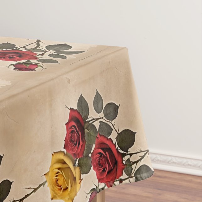 Vintage Inspired Red And Yellow Roses Tablecloth (In Situ)