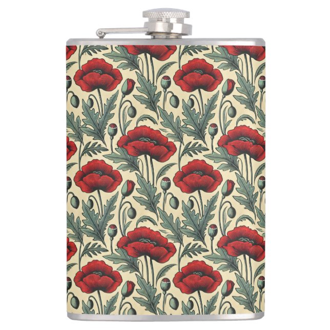 Vintage-Inspired Red Poppies Pattern Hip Flask (Front)
