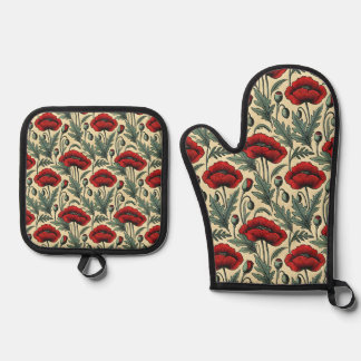 Vintage-Inspired Red Poppies Pattern Oven Mitt & Pot Holder Set