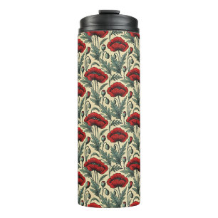 Vintage-Inspired Red Poppies Pattern Thermal Tumbler