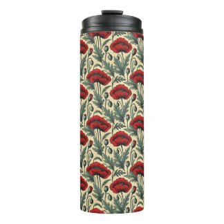 Vintage-Inspired Red Poppies Pattern Thermal Tumbler