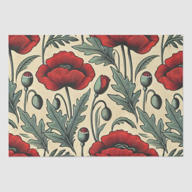 Vintage-Inspired Red Poppies Pattern  Tissue Paper (Front)