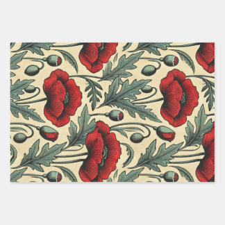Vintage-Inspired Red Poppies Pattern  Wrapping Paper Sheet