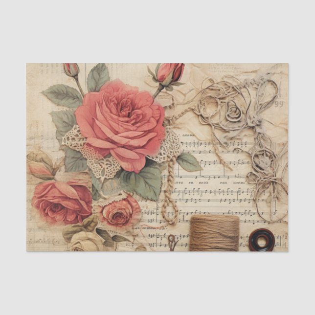 Vintage Inspired Red Rose & String Tissue Paper (Front)
