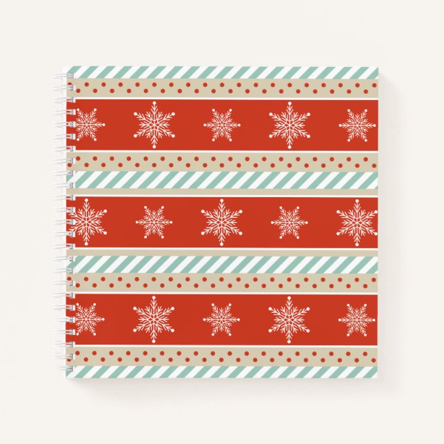 Vintage Inspired Red Stripe Snowflakes Pattern Notebook (Front)