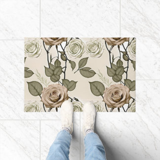 Vintage Inspired Sepia Roses With Green Leaves Doormat