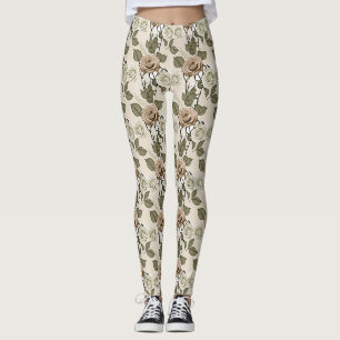 Vintage Inspired Sepia Roses With Green Leaves Leggings