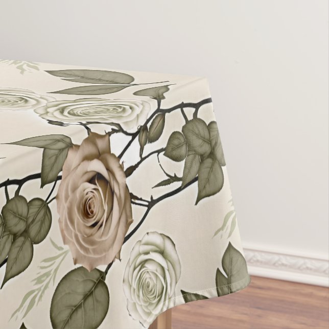 Vintage Inspired Sepia Roses With Green Leaves Tablecloth (In Situ)