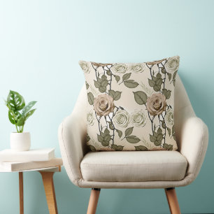 Vintage Inspired Sepia Roses With Green Leaves Throw Pillow