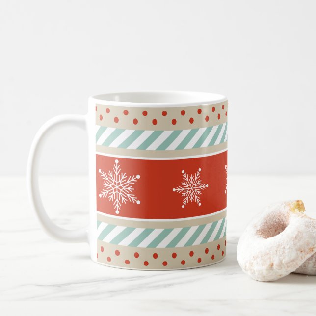 Vintage Inspired Stripes Snowflakes Pattern Coffee Mug (With Donut)