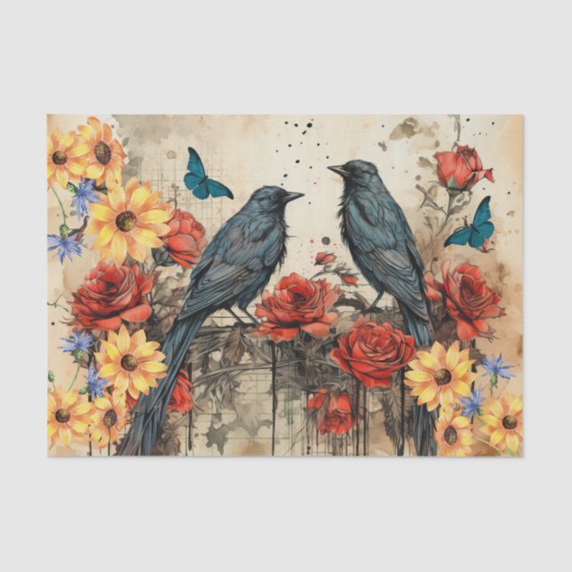 Vintage Inspired Sunflowers Red Roses Raven Tissue Paper (Front)