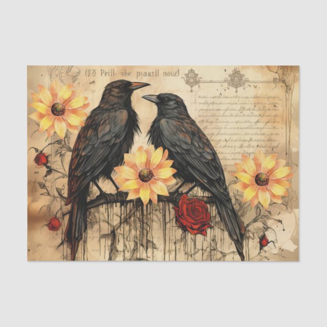 Vintage Inspired Sunflowers Red Roses Raven Tissue Paper (Front)