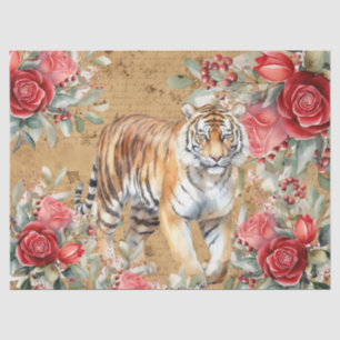 Vintage Inspired Tiger & Red Roses Decoupage  Tissue Paper