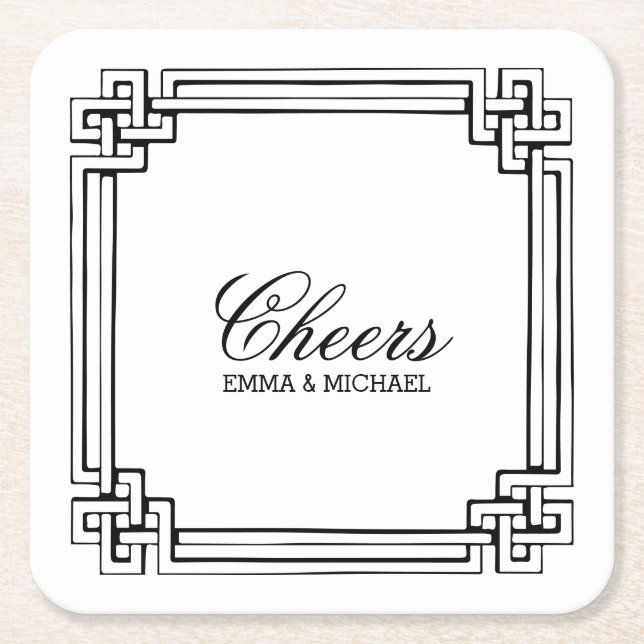 Vintage Interlocking Frame Personalized Wedding Square Paper Coaster (Front)