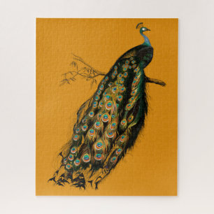 Vintage Intricate Peacock Mustard Yellow Jigsaw Puzzle
