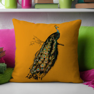 Vintage Intricate Peacock Mustard Yellow Throw Pillow