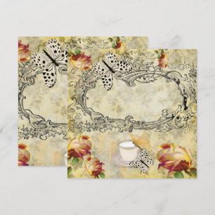 Vintage invitation cups and butterflies decoupage