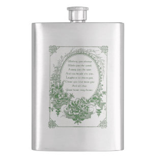 Vintage Irish Blessing in Engraved Floral Frame Hip Flask