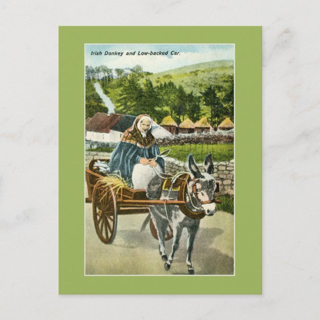 Vintage Irish Donkey cart and old woman Postcard (Front)
