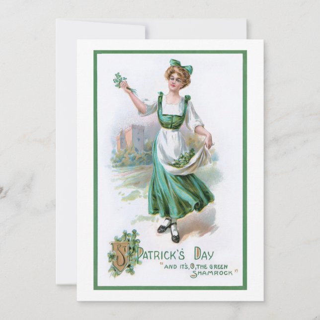 Vintage Irish Girl with Shamrocks Holiday Card (Front)