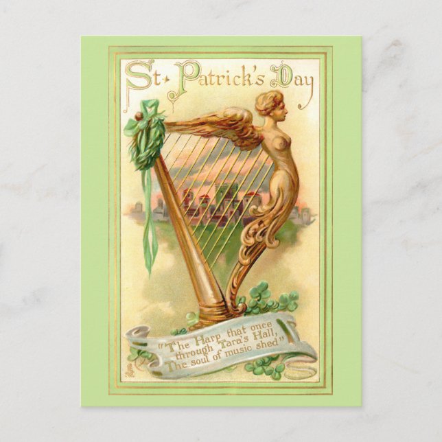 Vintage Irish Harp and Shamrocks Postcard (Front)