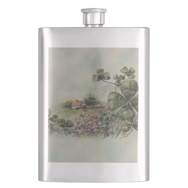 Vintage Irish Shamrocks and Cottage Hip Flask (Front)