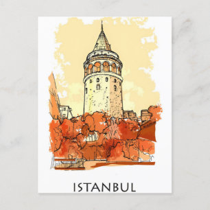 Vintage  istanbul Tower Turkey Travel watercolor  Postcard