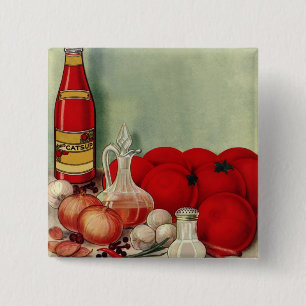 Vintage Italian Food Tomato Onions Peppers Catsup 2 Inch Square Button