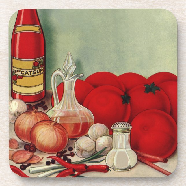 Vintage Italian Food Tomato Onions Peppers Catsup Coaster (Front)