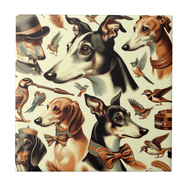 Vintage Italian Greyhound Illustration Tile (Front)