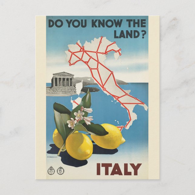 Vintage Italy Map Travel Poster Postcard (Front)