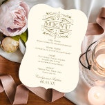 Vintage Ivory and Antique Gold Flourish Wedding Menu<br><div class="desc">Elegant and formal wedding dinner menu cards feature decorative swirls and flourishes that frame the vintage inspired design. Ivory and antique gold colours.  Personalize with the bride and groom names,  event date,  and menu details.</div>
