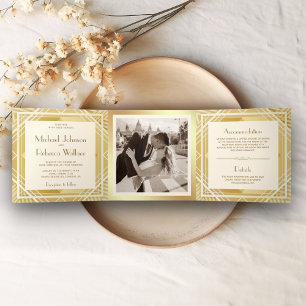 Vintage Ivory and Gold Art Deco Photo Wedding Tri-Fold Invitation