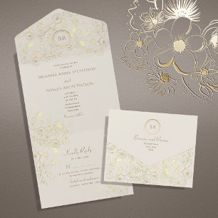 Vintage Ivory and Gold Wedding All In One Invitation