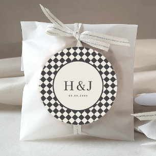 Vintage Ivory & Black Checkered Monogram Wedding Classic Round Sticker