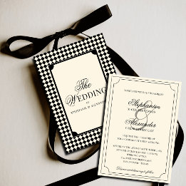 Vintage Ivory Black Checkered Old Money Wedding Invitation