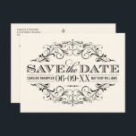 Vintage Ivory Black Flourish Wedding Save the Date Announcement Postcard<br><div class="desc">Decorative swirls and flourishes frame this elegant vintage inspired wedding save the date postcard design.  Two sided design includes all of the important details for the bride and groom's upcoming nuptials.  Ivory / ecru with black colour scheme.</div>