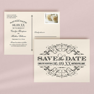 Vintage Ivory Black Scrollwork Save the Date Announcement Postcard