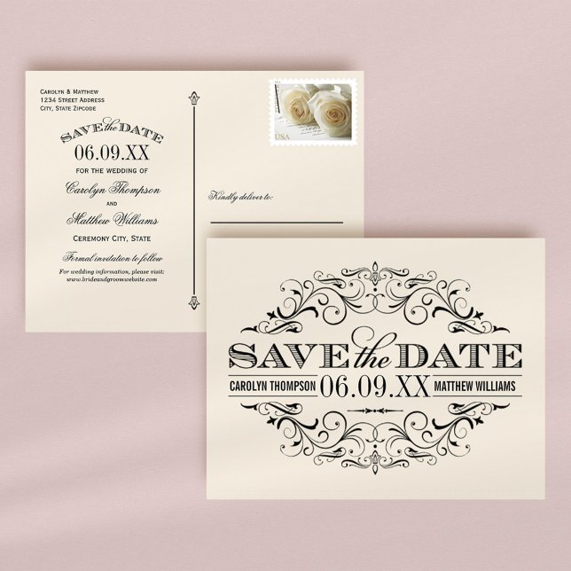 Vintage Ivory Black Scrollwork Save the Date Announcement Postcard (Creator Uploaded)