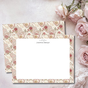 Vintage Ivory Brown Frilled Hearts Rose Pattern Card