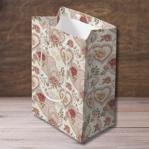 Vintage Ivory Brown Frilled Hearts Rose Pattern Medium Gift Bag