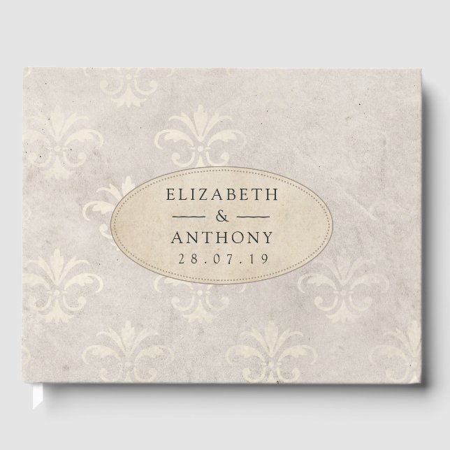 Vintage Ivory Damask Wedding Guest Book (Front)