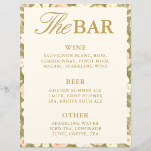 Vintage Ivory Floral Bar Menu Drinks Wedding Sign