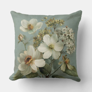 Vintage Ivory Floral Sage Green Throw Pillow