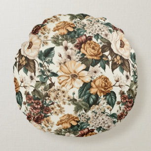 Vintage Ivory Flowers, Multicolored Roses Pattern Round Pillow